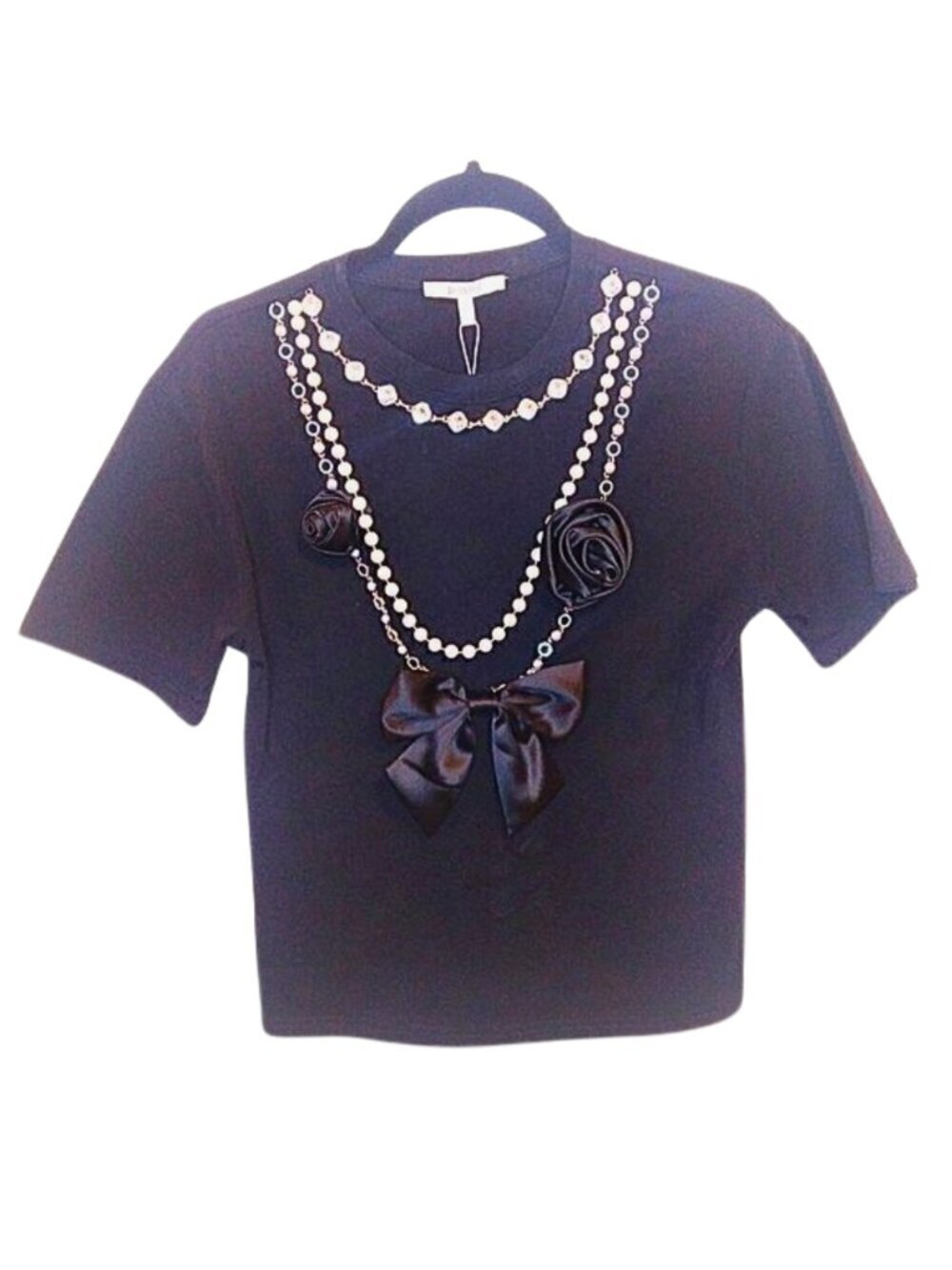 PASTEL COLLECTIONS BLACK BOW AND ROSETTE T-SHIRT W/ PEARL & CRYSTAL NECKLACE